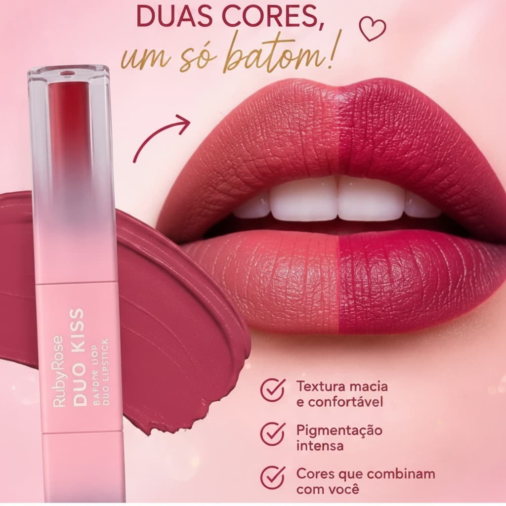 Batom Líquido Ruby Rose Duo Kiss Matte 2 em 1 Alta Cobertura Com Gloss + Maquiagem + Beleza