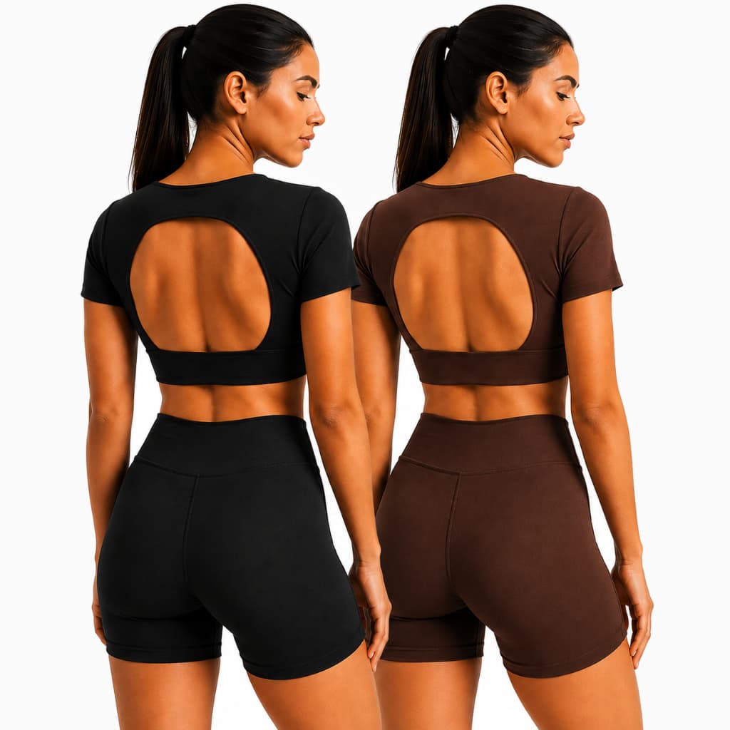 Kit 2 Conjunto Fitness Feminino Cropped com manga Costa Aberta Short de malhar Corrida Crossfit Roupa de Academia