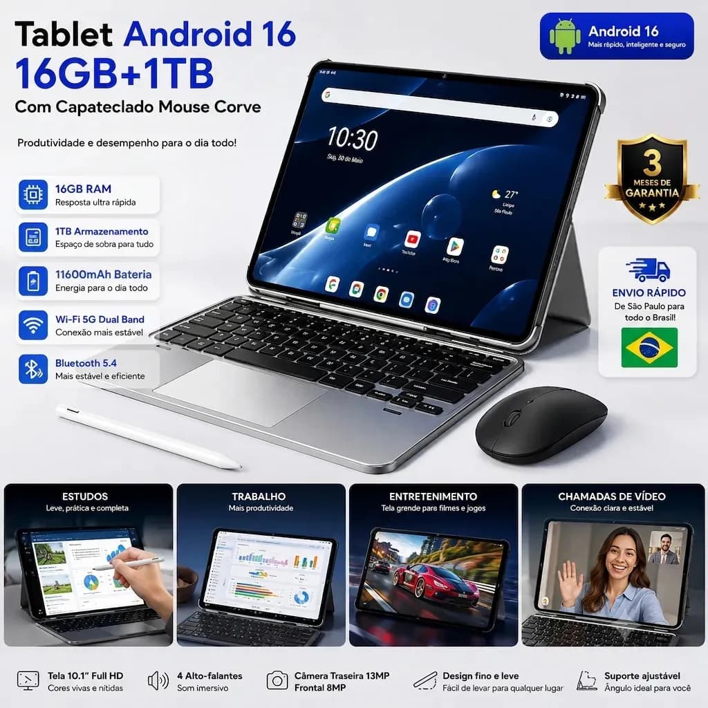 Tablet S10 Ultra Android 16 16GB+1TB com Teclado Mouse Capa Caneta - Tela 13.2" 4K Bateria 11600mAh 5G Wi-Fi 6 Snapdrago