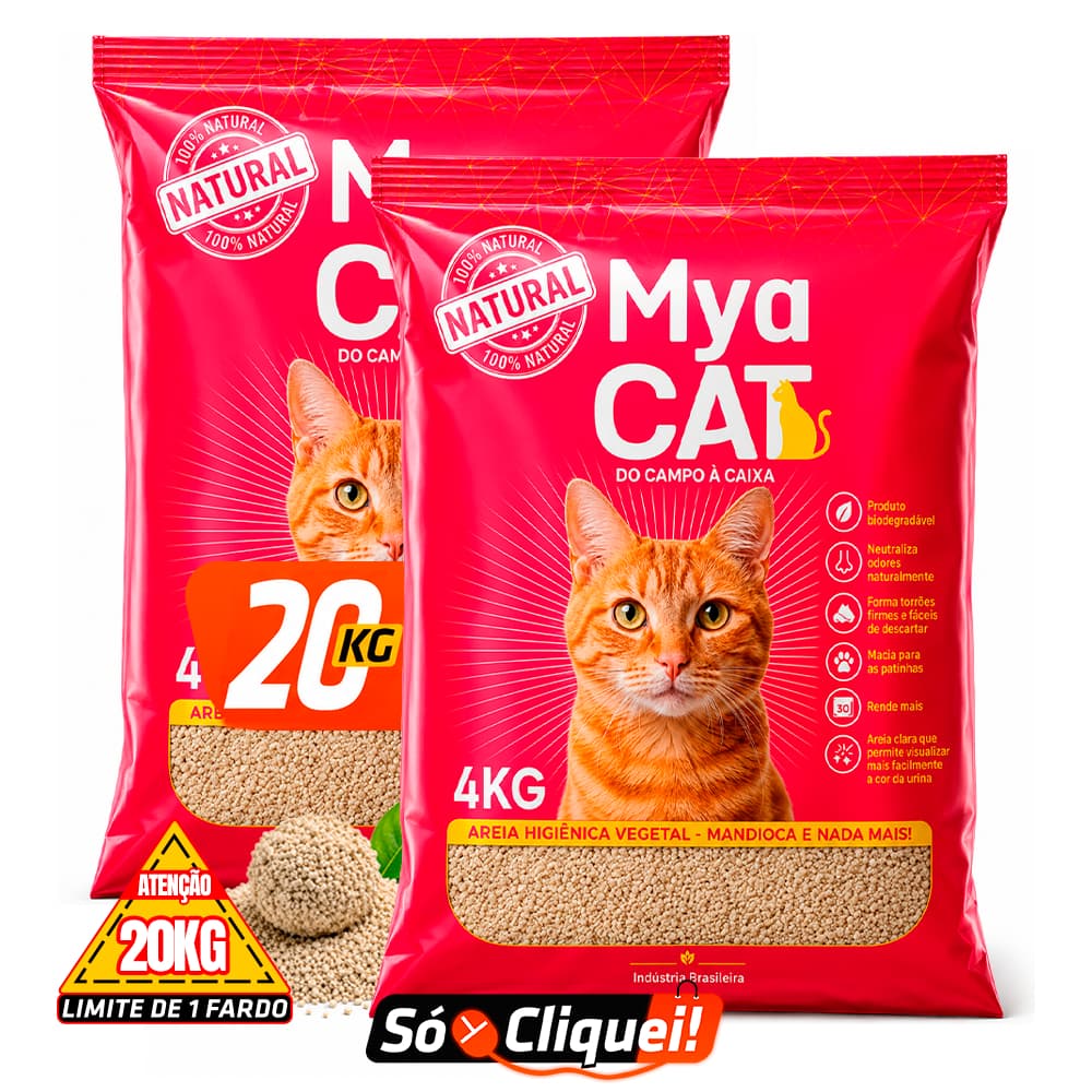 Kit 2 Pacotes Areia Sanitária Mandioca Mya Cat 8KG Granulado Higiênico de Gato Biodegradável Torrões Firmes Evita Odor