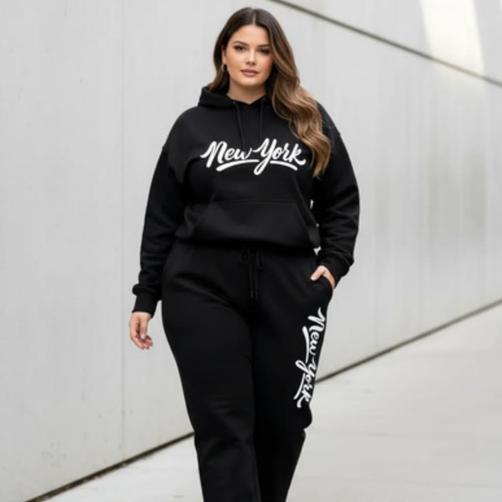 Conjunto Moletom Plus Size New York — Blusa e Calça Estampadas, Conjunto Feminino Inverno