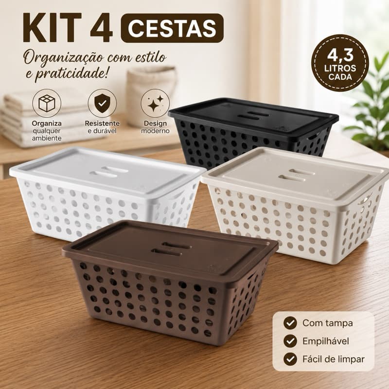 Kit 4 Cestas Organizadoras Multiuso 4,3L com Tampa – Cesto Plástico Organizador para Casa, Quarto e Banheiro