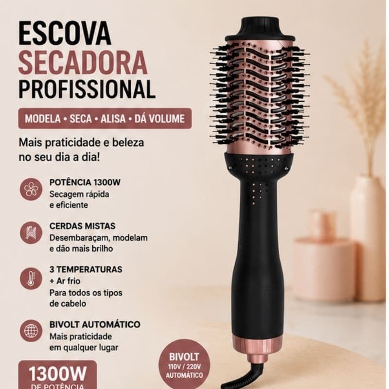 Escova Secadora Cabelo Profissional Modeladora Bivolt Potente 1300w Rápida
