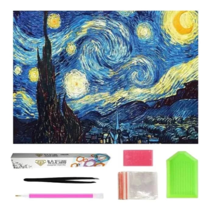 Kit Pintura com diamantes 5D Noite Estrelada Van Gogh 30x40 natureza paisagem DIY completo