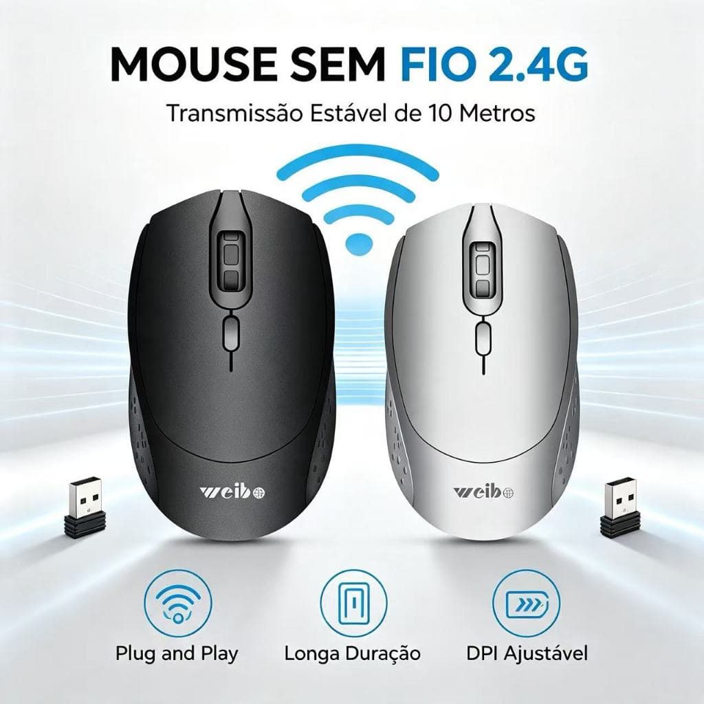 Mouse Sem Fio 2.4G Alcance 10 Metros DPI Ajustável Plug and Play Ergonômico para Notebook PC Computador Escritório Casa