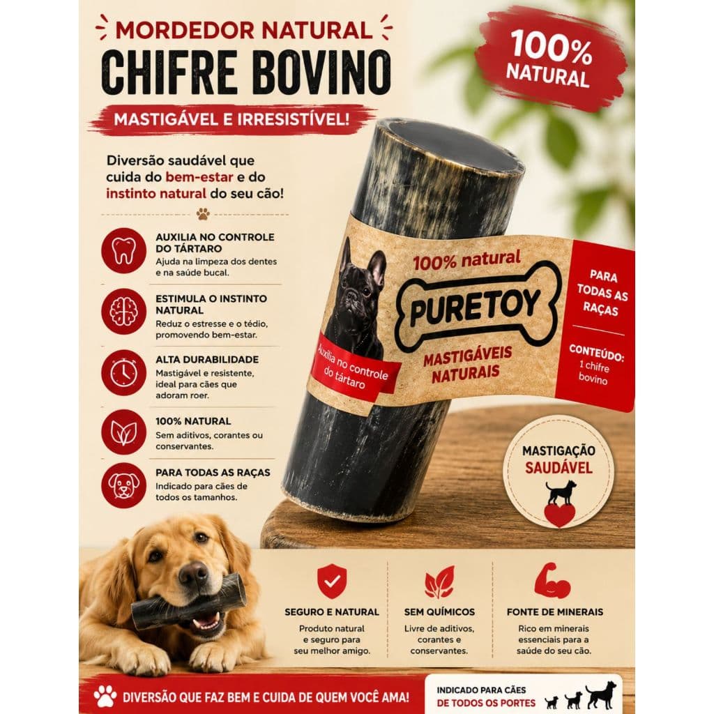 Chifre de Boi Para Cachorro Mordedor Natural Puretoy 1un