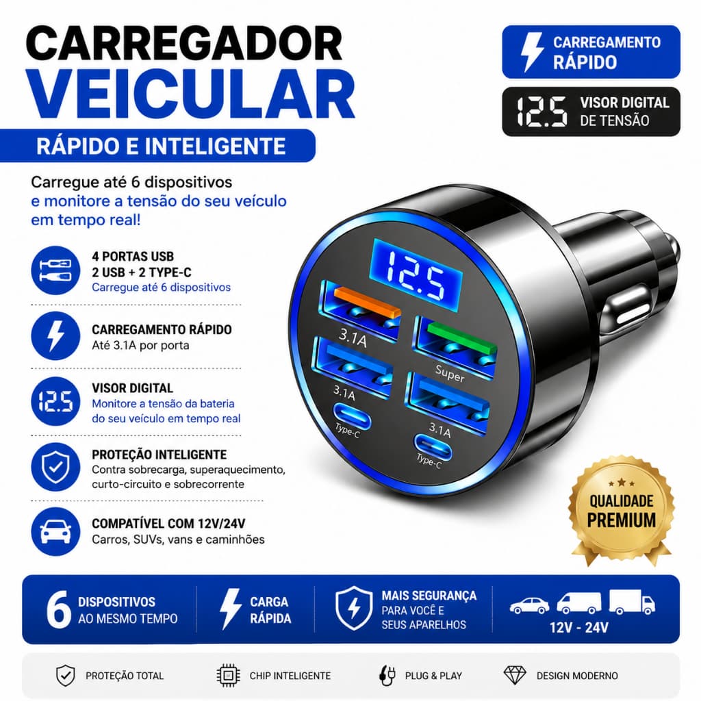 Carregador Veicular USB Duplo 3.1A 12V/24V com Voltímetro Digital LED para Carro e Caminhão