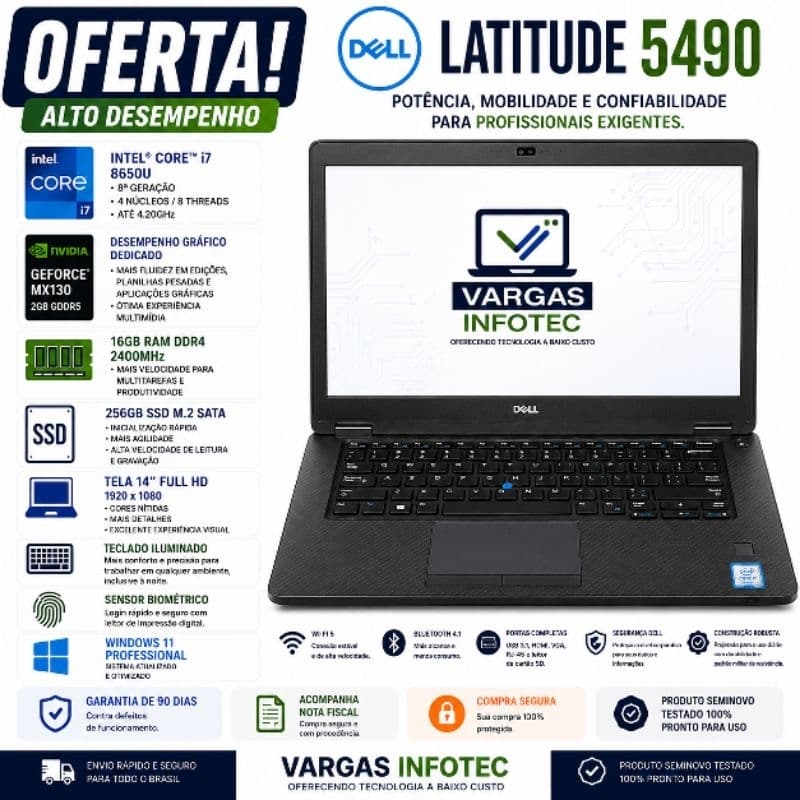 NOTEBOOK DELL LATITUDE 5490 - I7 8650U / NVIDIA MX130 / 16GB / 256GB / 14" FHD / W11