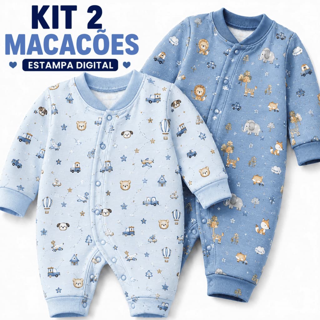 Kit 2 Macacão Bebê Menino Algodão Luxo Estampado Roupa Bebê Enxoval Recém Nascido Saída Maternidade Confortável