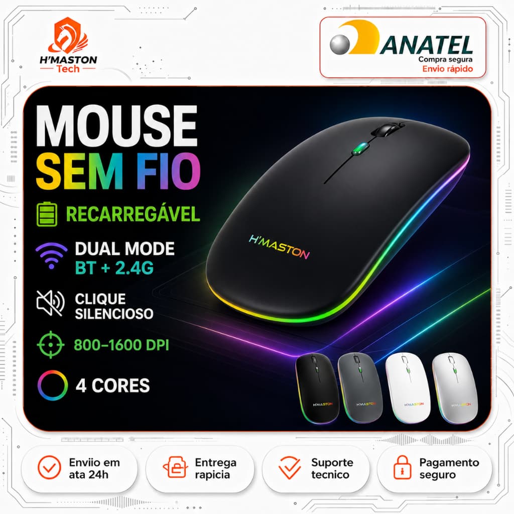 H'maston E-1300PRO Mouse Sem Fio Para Notebook Mouse Gamer Sem Fio Mouse Sem Fio Recarregável Mause Mouse Bluetooth