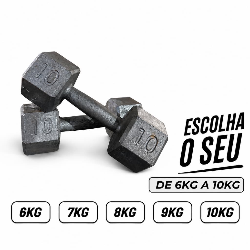 Halter Sextavado Cru 6kg a 10kg Polido Sem Pintura Peso Academia Gym Crossfit Musculação Fisioterapia Funcional