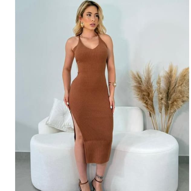 Vestido Feminino Canelado com Fenda Decote V Costas Trançadas Modal Tricot Vestidos Longo Elegante