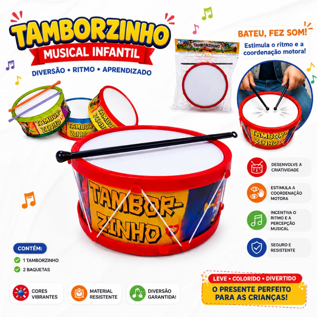 Tambor Tamborzinho Infantil Musical com Baquetas Brinquedo Educativo Crianças