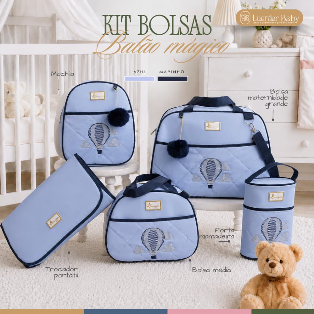 kit Bolsa Maternidade Menino 5 Peças Enxoval Completo Balão Mágico Mala de Luxo para Bebê Luender Baby