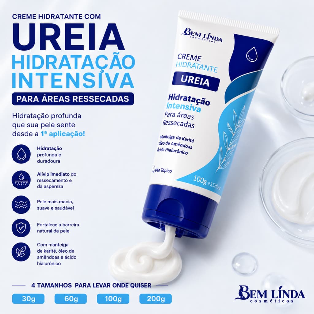 Creme Hidratante Ureia Bem Linda Hidratação Intensiva para Pele Ressecada Ácido Hialurônico 30g 60g 100g 200g Corporal