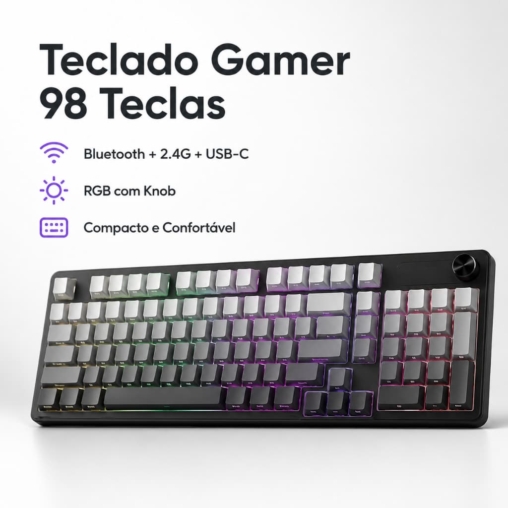 Teclado Gamer FURYCUBR Wireless 2.4G Bluetooth RGB 98 Teclas Mecânico LED para Jogos e Escritório