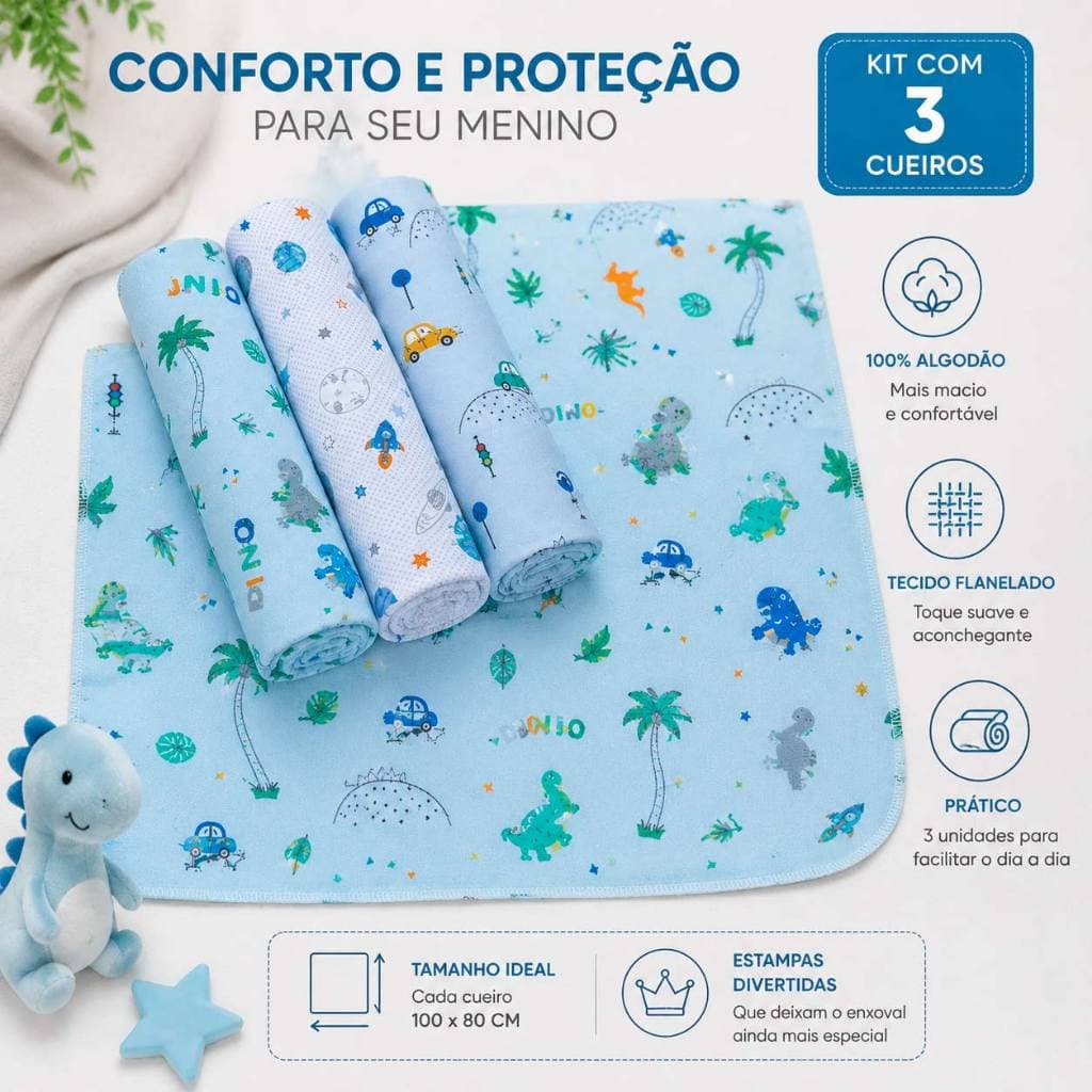 Kit 3 Cueiro Flanelado Estampado 100 x 80 Enxoval Infantil Bebê Menino Menina
