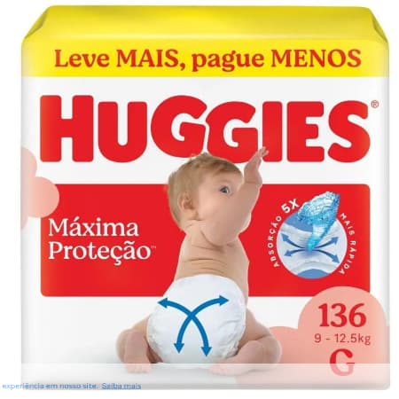 Huggies Fralda Descartável Máxima Proteção, Tamanho G, com Tecnologia Xtra-Flex 136 Unidades