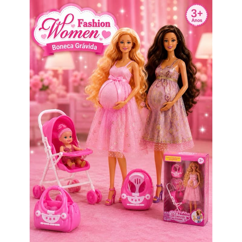Brinquedo Boneca Articulada Grávida Bebê na Barriga Com Acessórios 30CM Fashion Women - Envio Imediato