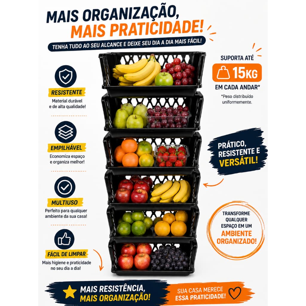 Cesto Organizador Multiuso Prático e Empilhável Cozinha Fruteira Frutas Dispensa