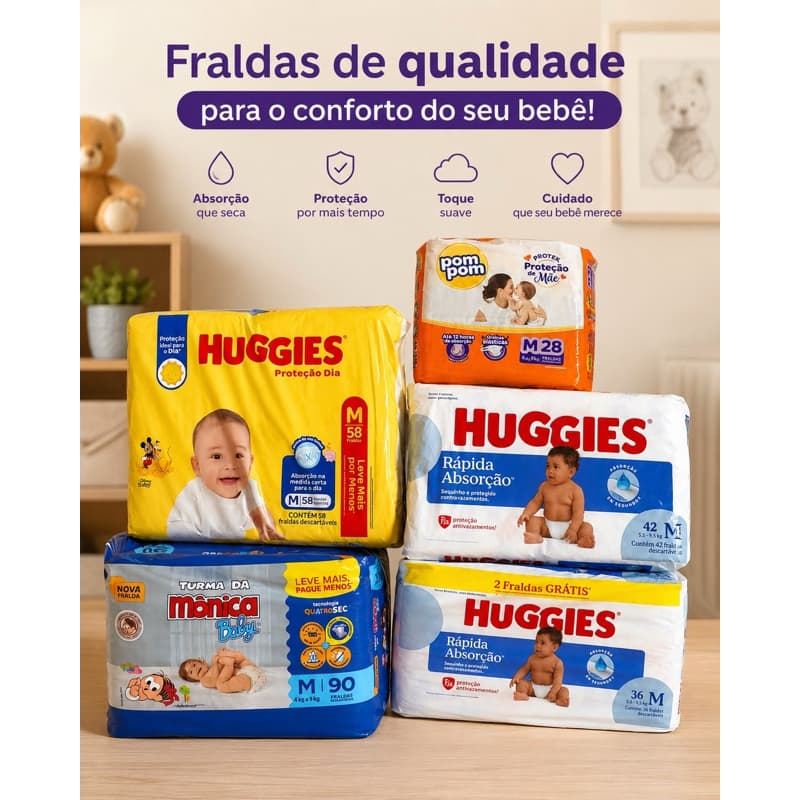 Fraldas Descartáveis Bebê M - Huggies, Pom Pom e Turma da Mônica – Escolha o Modelo