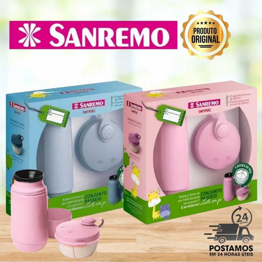Kit Garrafa Termica Bebe 250ml E Pote Leite Em Po Sanremo Enxoval Maternidade Passeio Bebe Cha De Bebe rosa menina azul