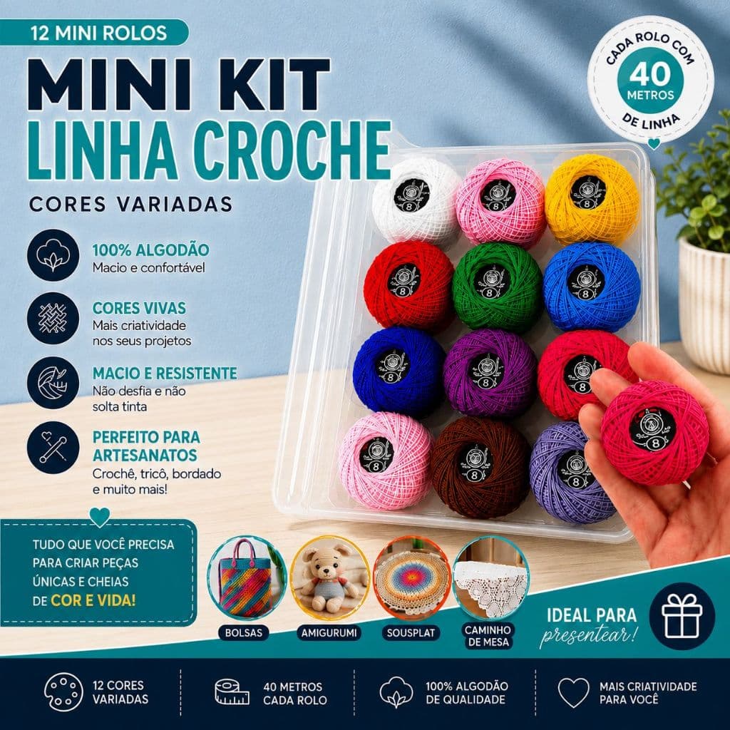 Kit 12 Linhas para Crochê 40 Metros 100% Algodão Cores Variadas Artesanato Tricô Bordado Costura -MZ