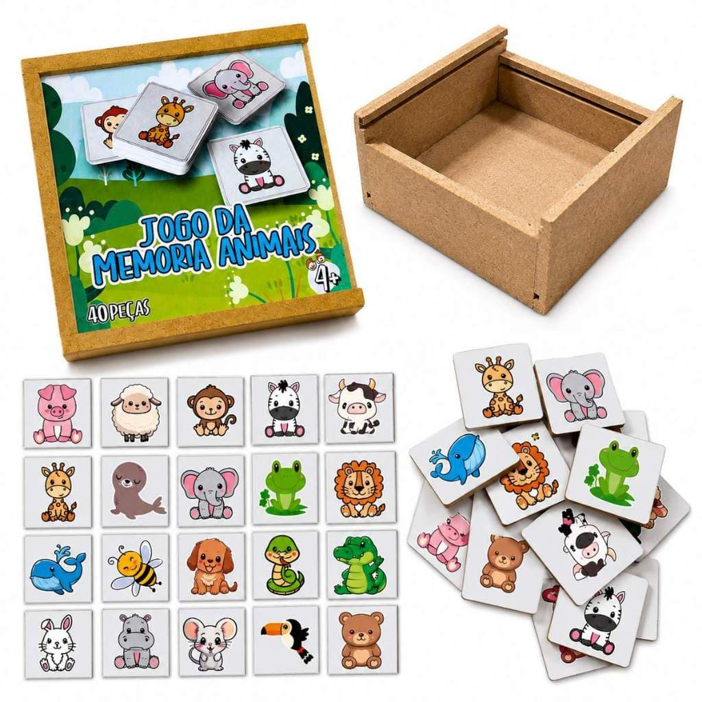 Jogo da Memória Animais Brinquedo Educativo Infantil Pedagógico Alfabetização Madeira Menina Menino