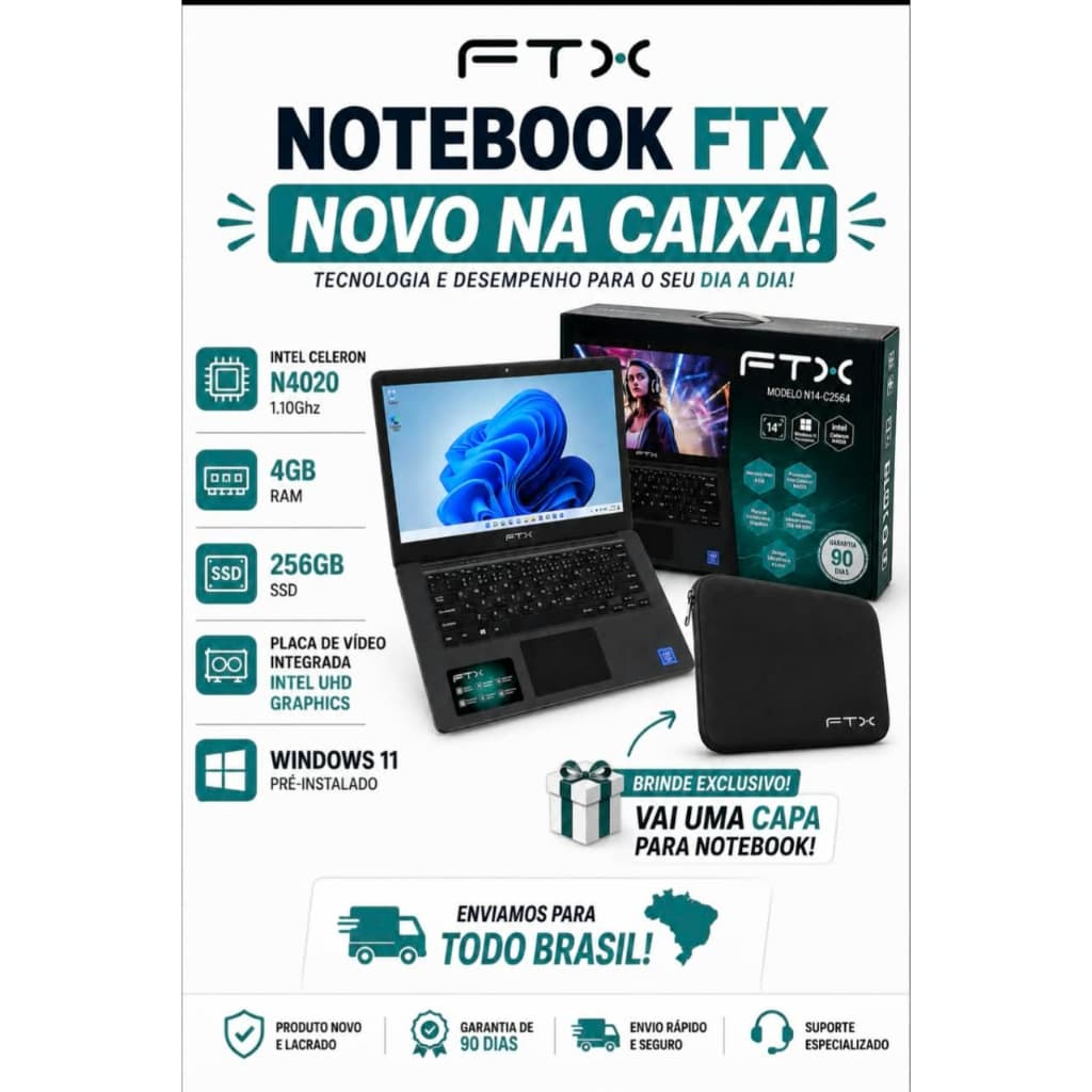 Notebook FTX Novo | Intel Celeron N4020 | 4GB RAM | SSD 256GB
