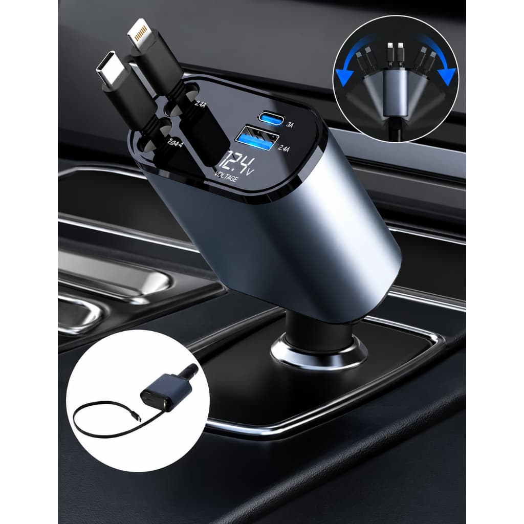 Carregador Veicular Retrátil 4 em 1 Com Giro 180° USB-C + Lightning Carregador de Carro 120W