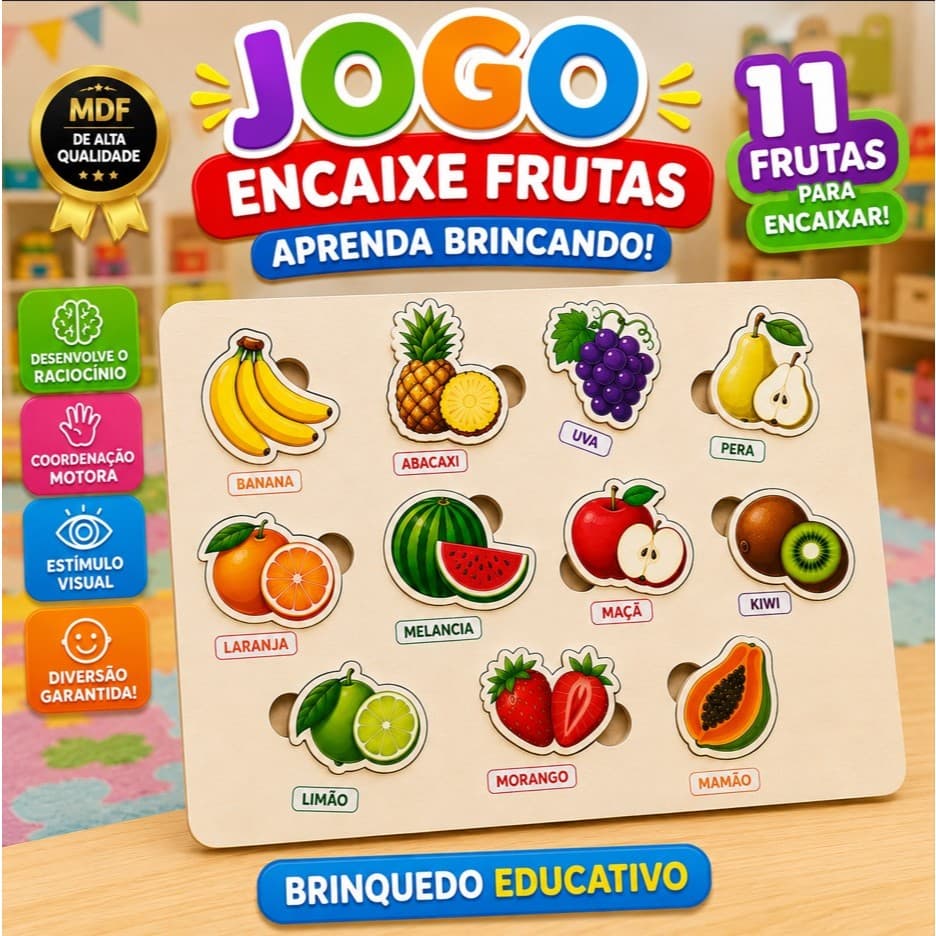 Brinquedo Infantil Educativo Frutas para Encaixar em MDF Jogo Pedagógico Quebra-Cabeça