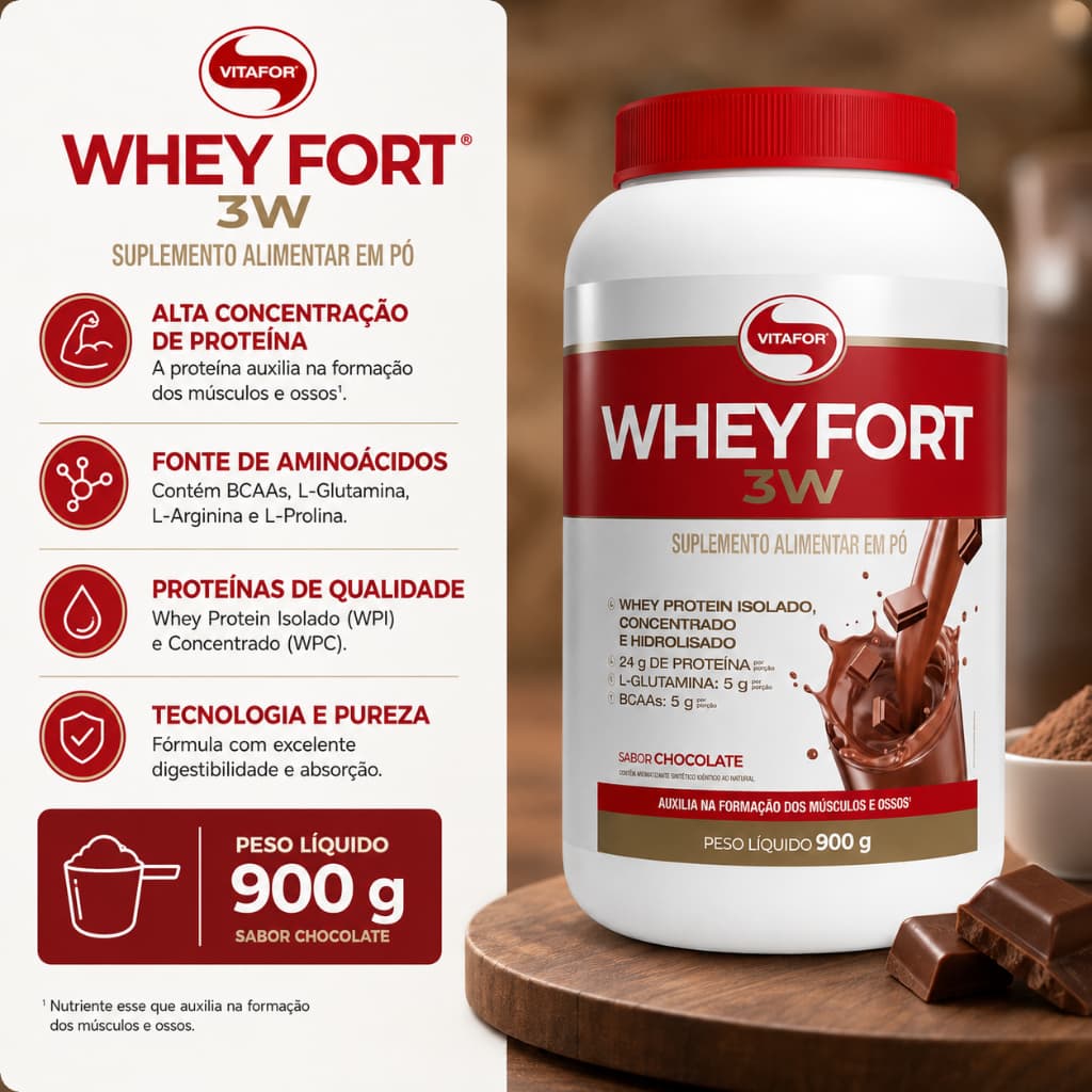 Whey Protein Vitafor Whey Fort 3W Chocolate 900g