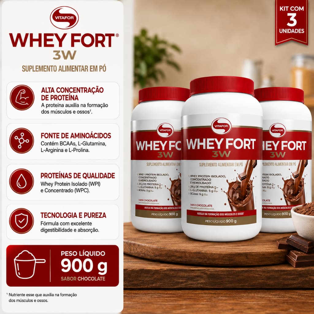 Kit 3 Whey Protein Vitafor Whey Fort 3W 900g Chocolate