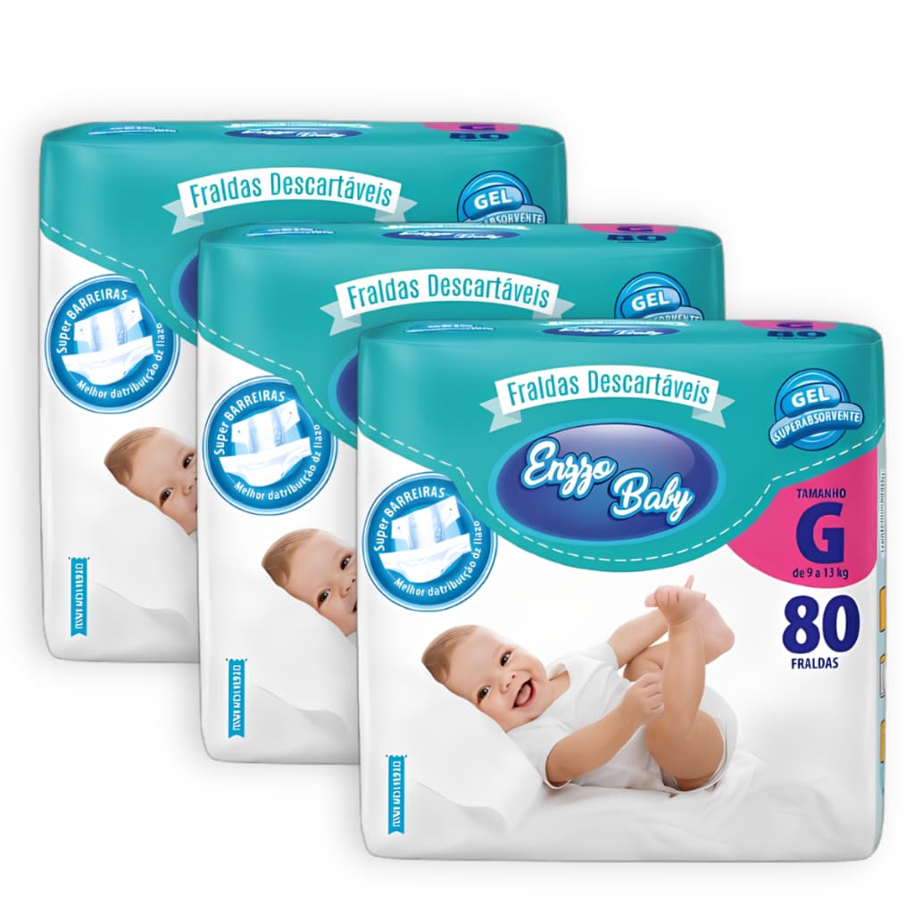 Kit 3 Fraldas Descartaveis Infantil Enzzo Baby Tamanho G - 80 Unidades Total 240 Unidades