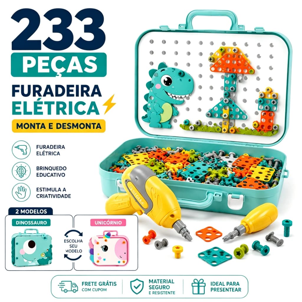 Kit Ferramentas Brinquedo Educativo 233 Peças Montar Desmontar Parafuso Brinquedo para Crianças 3+ Anos Maleta