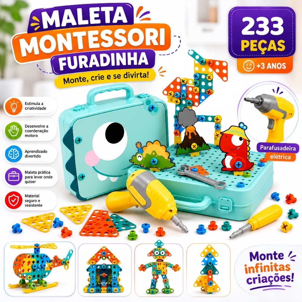 Kit Caixa de Ferramentas Montessori 233 Peças Parafusadeira Elétrica Presente para Crianças