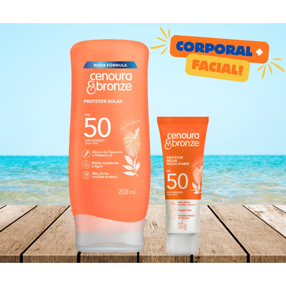 Kit Protetor Solar Cenoura e Bronze FPS 50 Corpo 200ml e Facial Rosto 50g