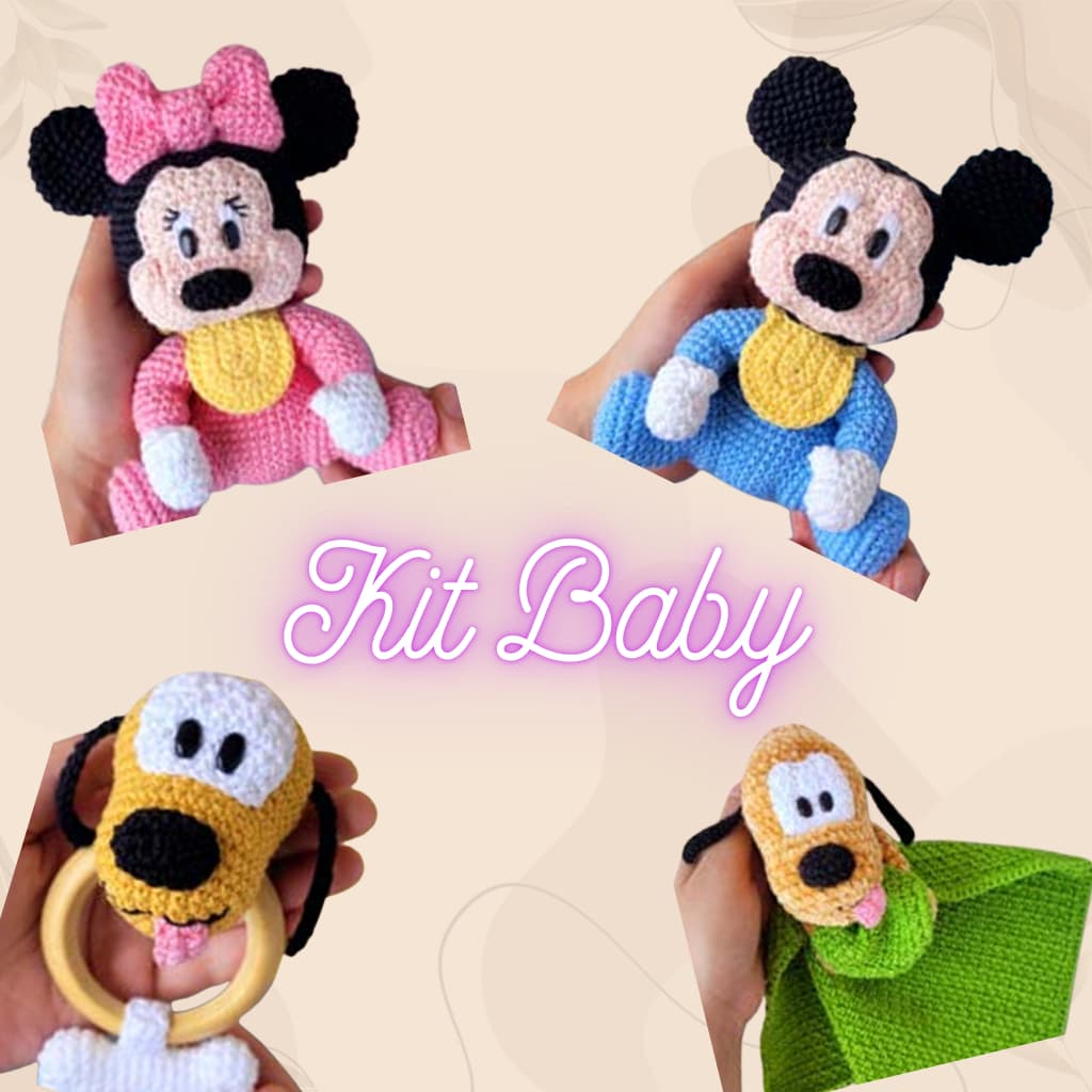 Kit Amigurumi Mickey, Minnie e Pluto Naninha e Chocalho para Bebê em Crochê