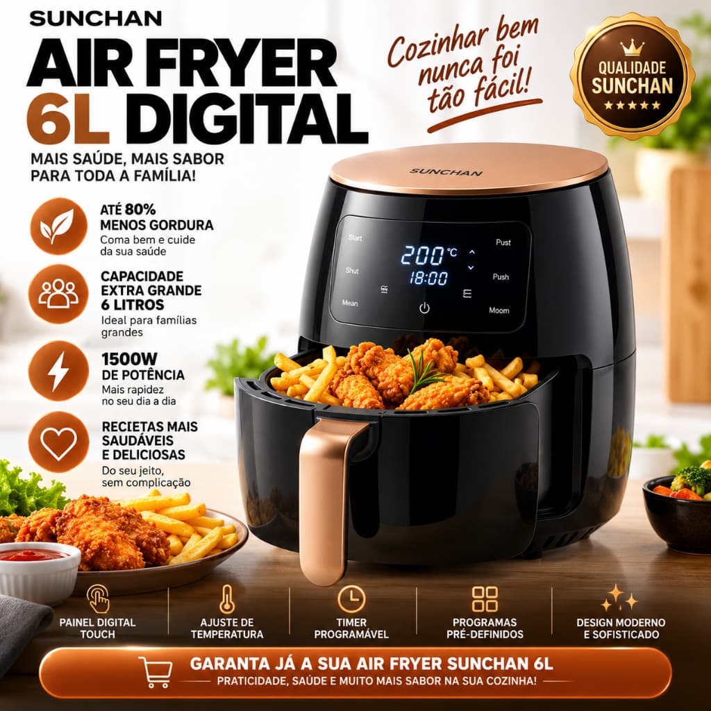 Air Fryer 6L Digital 1500W 110V SUNCHAN Fritadeira Elétrica Sem Óleo Painel Touch Cesto Antiaderente