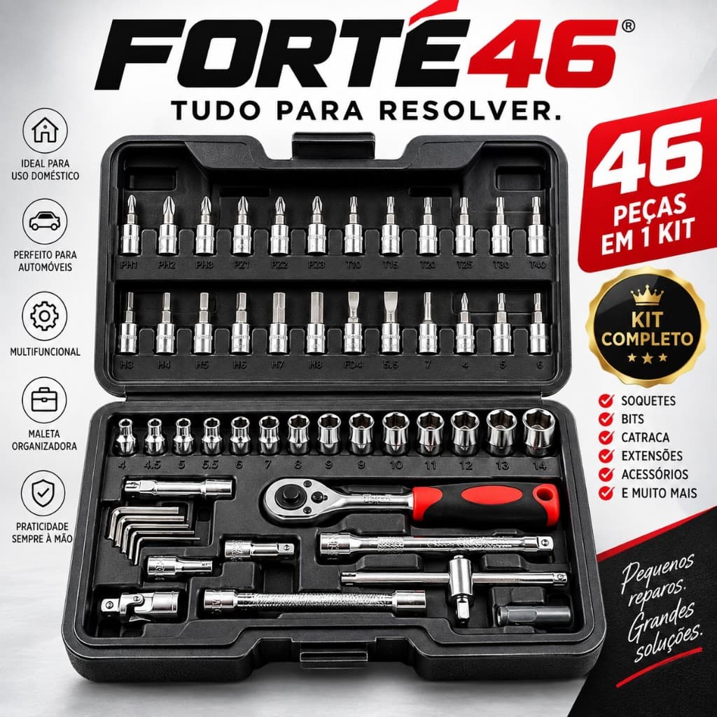 Kit Ferramentas 46 Peças Completo Com Maleta Soquetes Bits Catraca Chaves