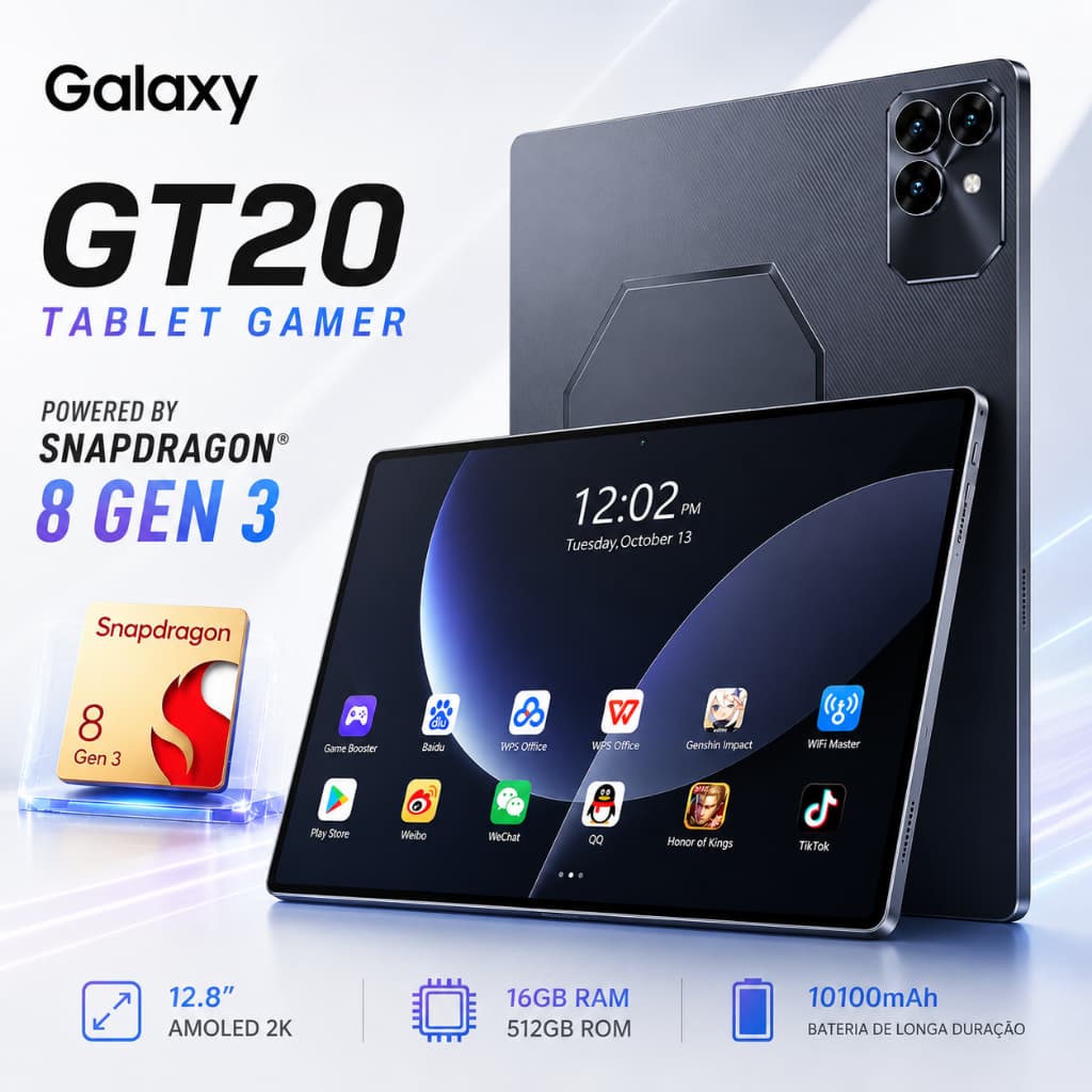 Galaxy GT20 PRO -12.8"inch 16GB+512GB Android 15 10100mAh Sna pdragon 888 Combo com Teclado e Mouse