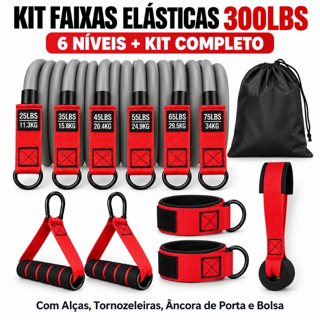Kit Faixas Elásticas Resistência 300LBS 6 Níveis para Musculação Treino Funcional com Alças e Tornozeleiras