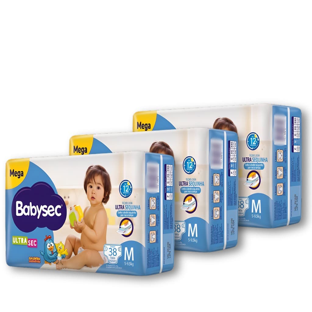 Kit 3 Fralda Descartável Babysec Mega UltraSec Tam M Galinha Pintadinha - Total 114 Unidades