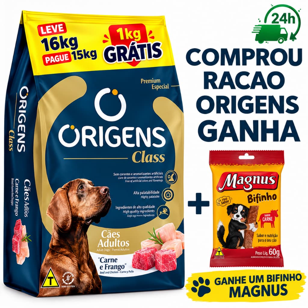 Ração Origens Class Adultos Carne e Frango 15kg + 1kg Grátis 16kg + Bifinho Magnus 60g