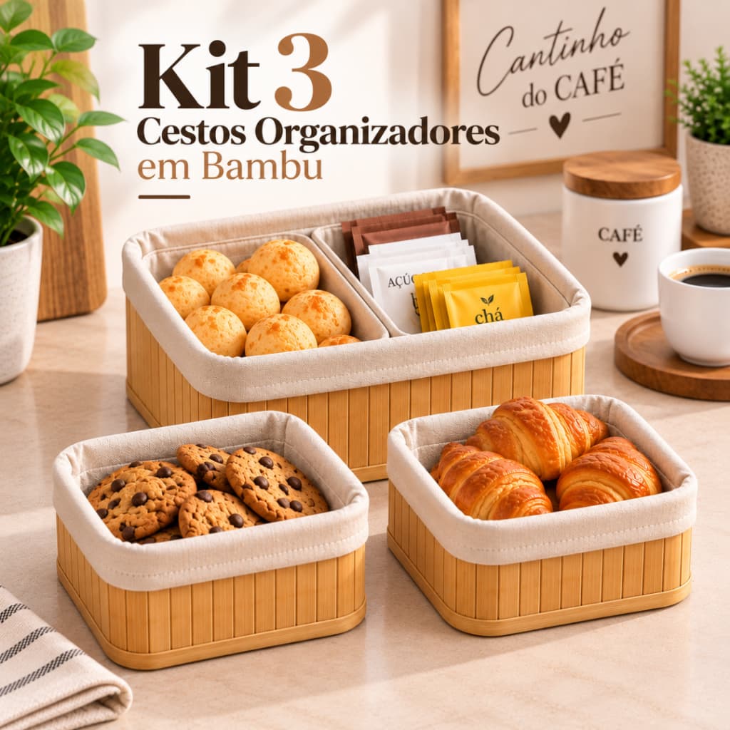 Kit 3 Cestos Organizadores em Bambu Forro Anti-Mofo Multiuso para Cozinha Café Banheiro e Organização