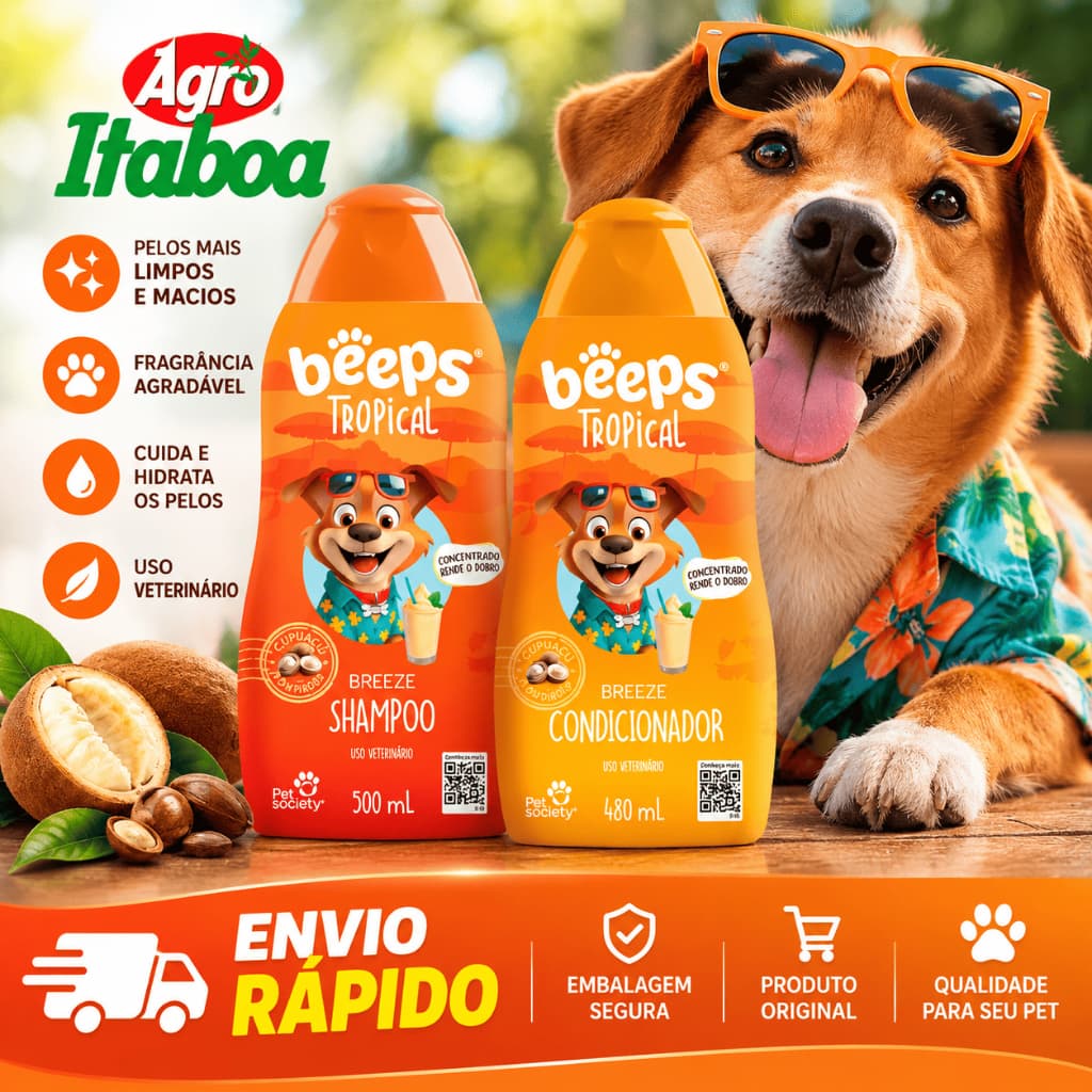 Beeps Tropical Shampoo Breeze 500ml + Condicionador 480ml Pet Society Shampoo para Cães e Gatos