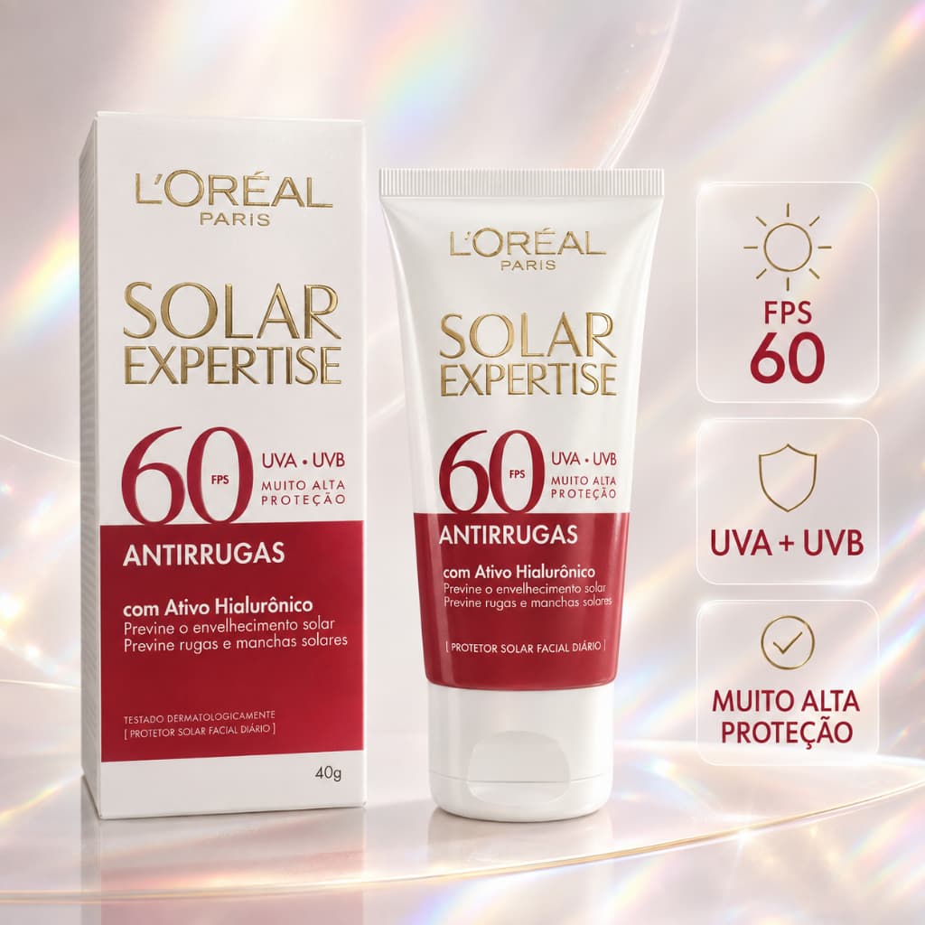 Protetor Solar Facial FPS 60 com Ativo Hialurônico que Previne Rugas, Manchas Solares, Hidrata e Tem Toque Seco
