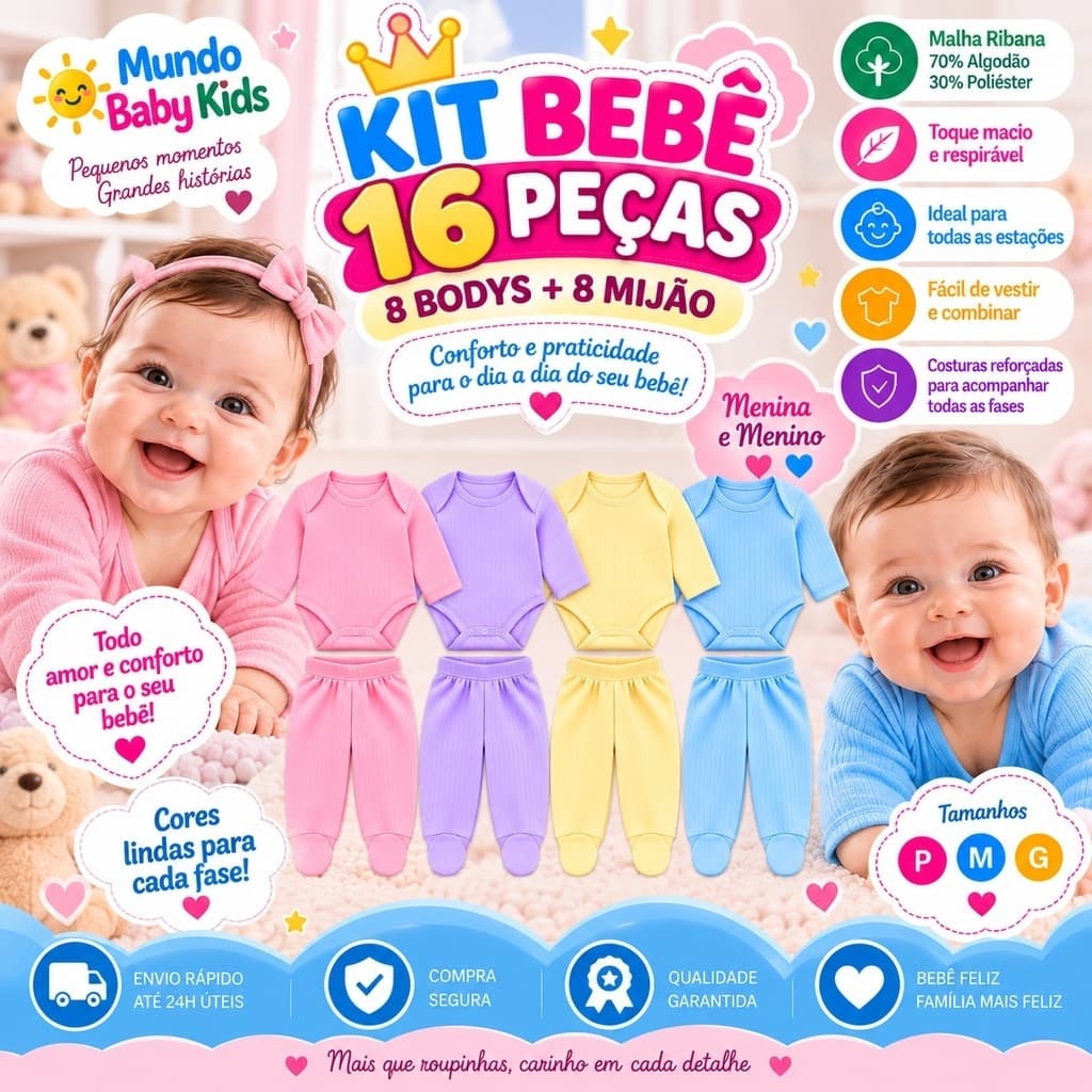 💗 KIT 16 PEÇAS BEBÊ – 8 BODY MANGA LONGA + 8 MIJÃO  Um enxoval completo, confortável e prático para acompanhar os primei
