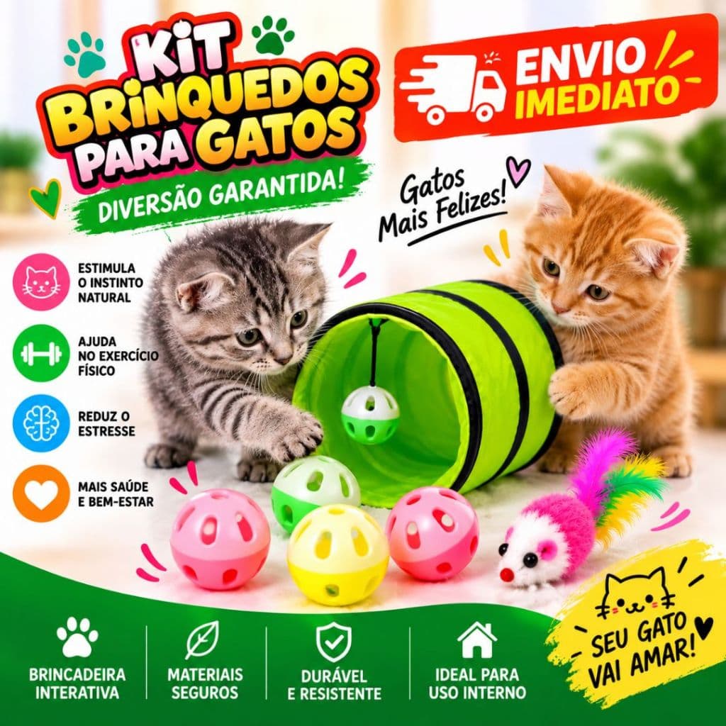 KIT 3 BRINQUEDOS INTERATIVOS PARA GATOS – Túnel + Ratinho + 1 Bolinhas com Guizo!