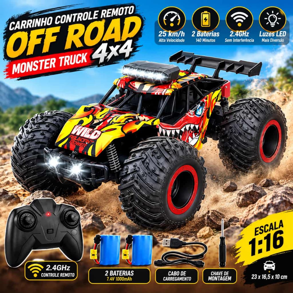 Carrinho Controle Remoto Off Road 1:16 4x4 Monster Truck 25km/h Luz LED 2 Baterias 140 Minutos 2.4GHz